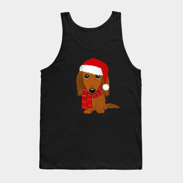 Longhaired Dachshund with Santa Hat Cute Christmas Wiener Dog Tank Top by Coffee Squirrel